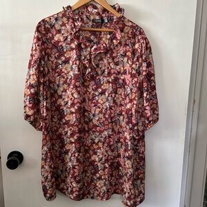 Women’s 3x mauve floral blouse with ruffle neck and elastic gathered sleeves